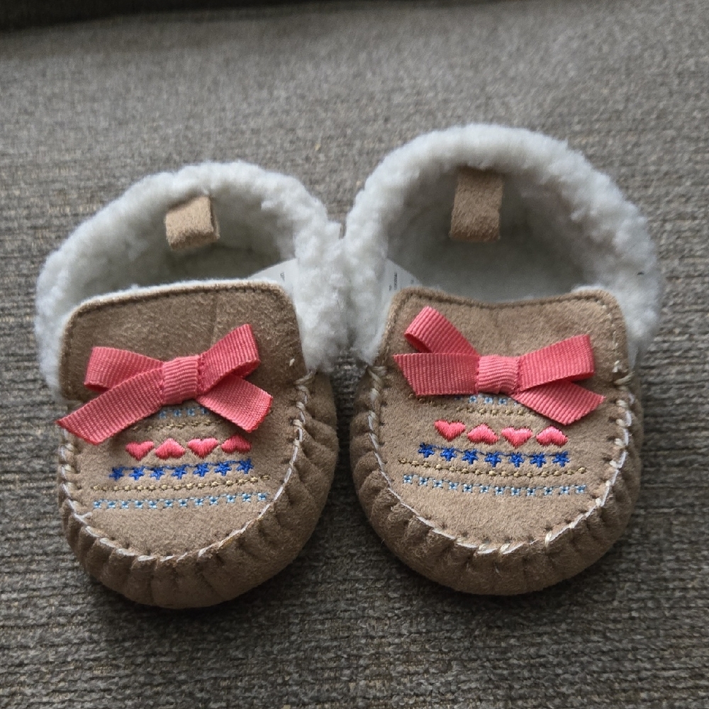 Cozy Tan Baby Moccasins with Pink Bow